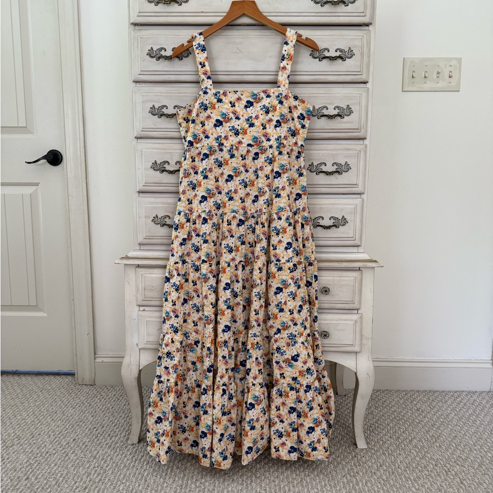 Vici Cream Floral Midi Dress with Blue & Orange Accents